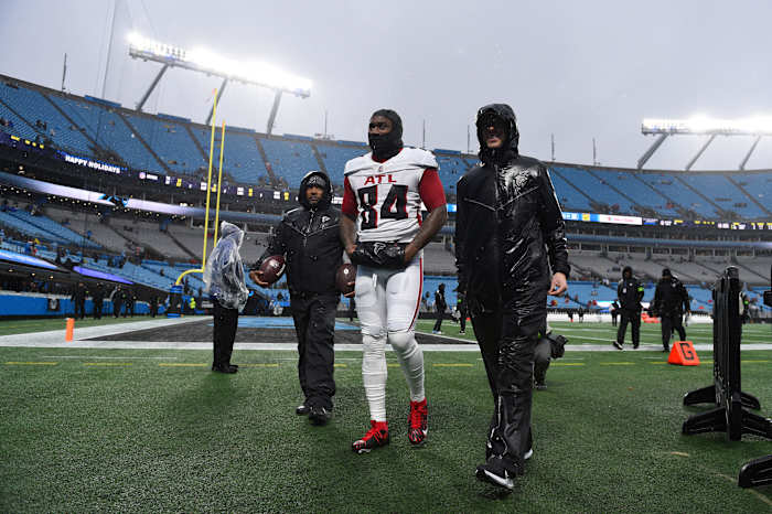Dec 17, 2023; Charlotte, North Carolina, USA; Atlanta Falcons running back Cordarrelle Patterson (84) comes off the field before the game at Bank of America Stadium.